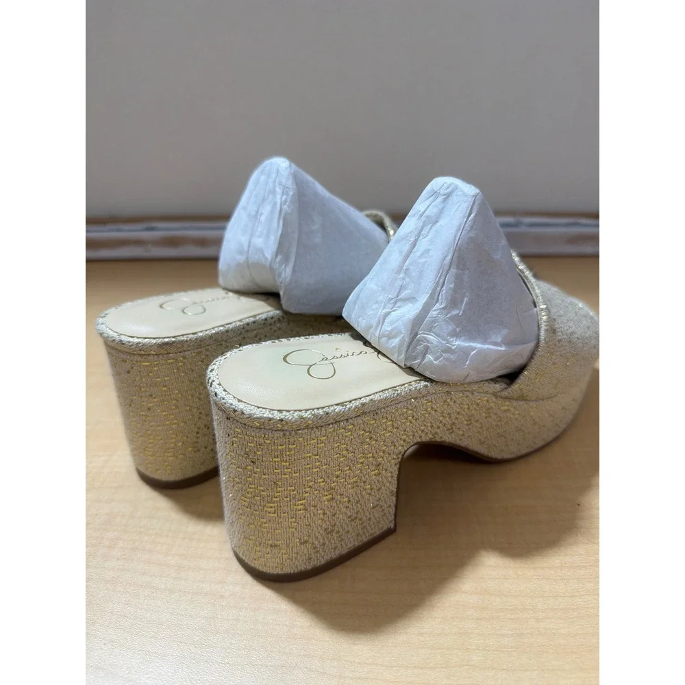 Jessica Simpson Gold Metallic Woven Platform Slide Sandals Block Heel Mules